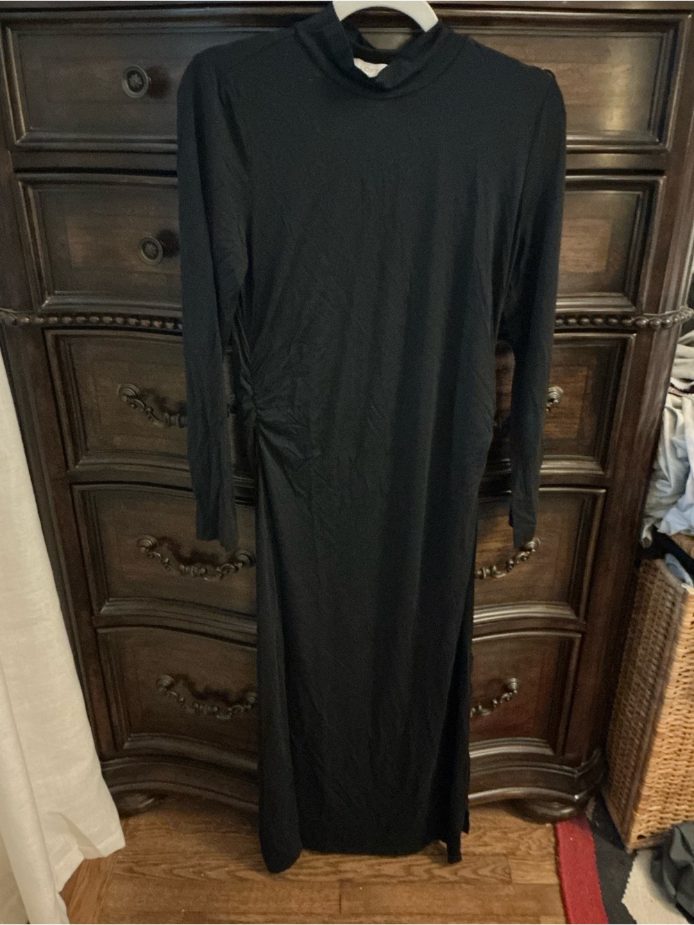 LOFT Black Long-Sleeve Mock Neck Midi Dress